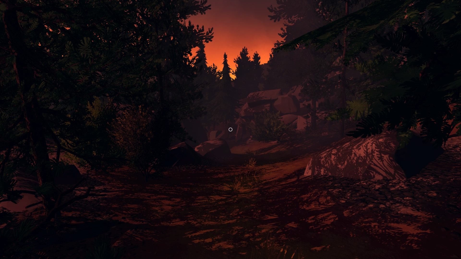 Firewatch Pomaly nastupuje noc, no prostredie je stále osvetlené kvôli požiaru.
