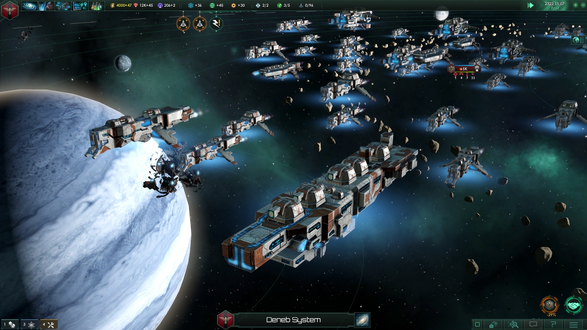 Stellaris Vesmírne bitky budete radi sledovať kvôli pekným modelom lodí a rôznym efektom.
