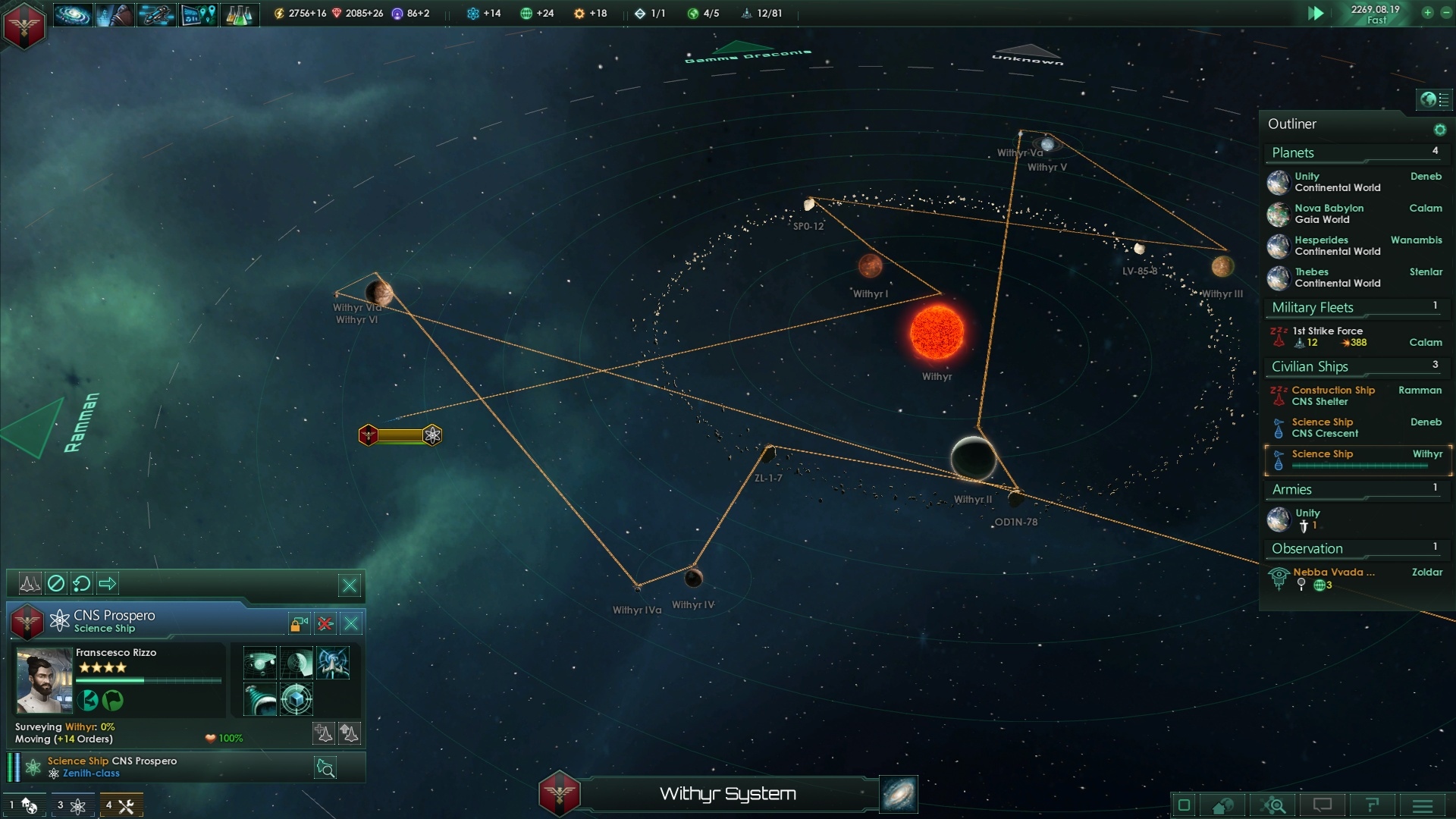 Stellaris Vedecká loď slúži aj ako skaut, ktorý preskúma všetko na trase a zmapuje nové systémy.