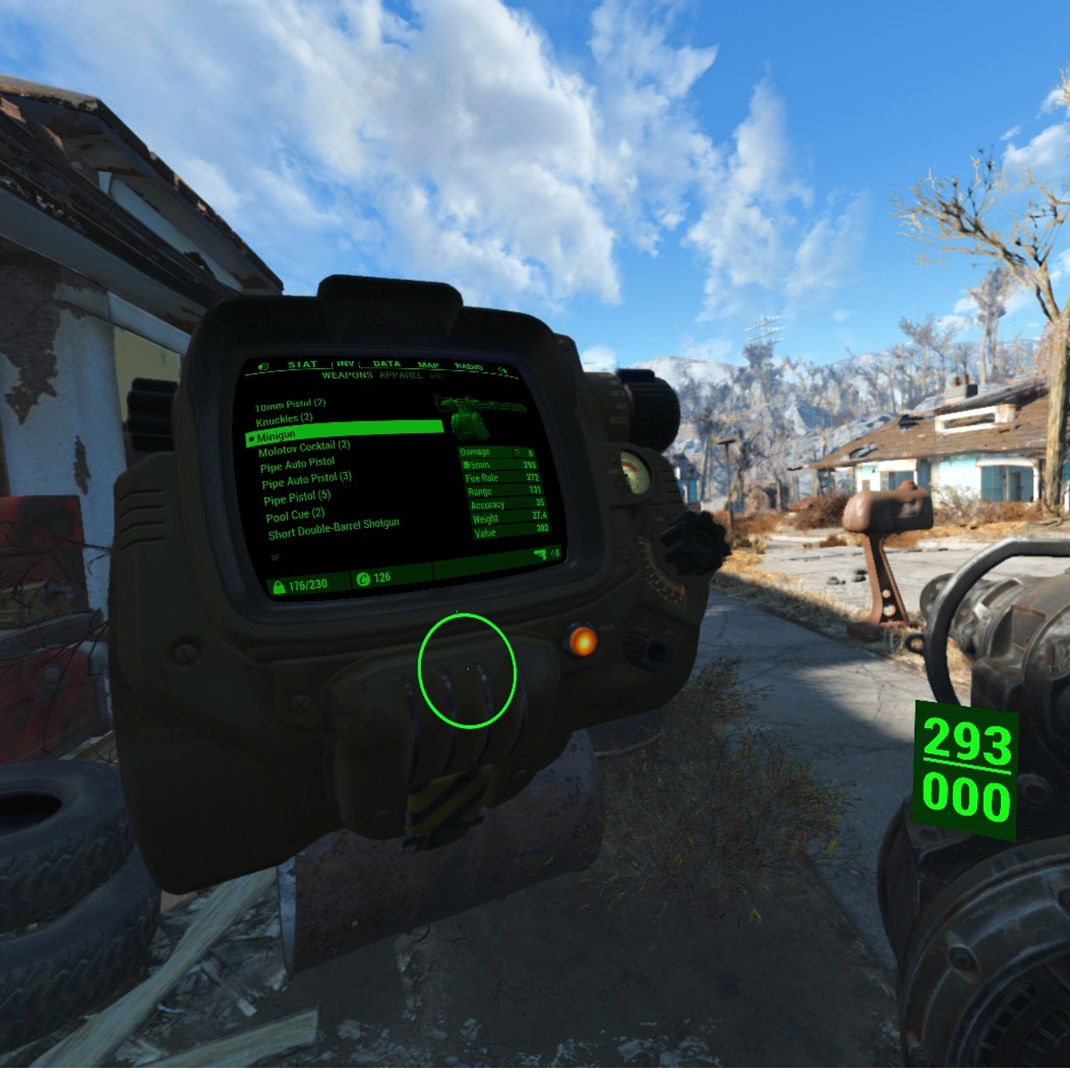 Fallout 4 VR Všetko potrebné obsahuje obľúbený, i keď trochu ťažkopádny Pip-Boy.