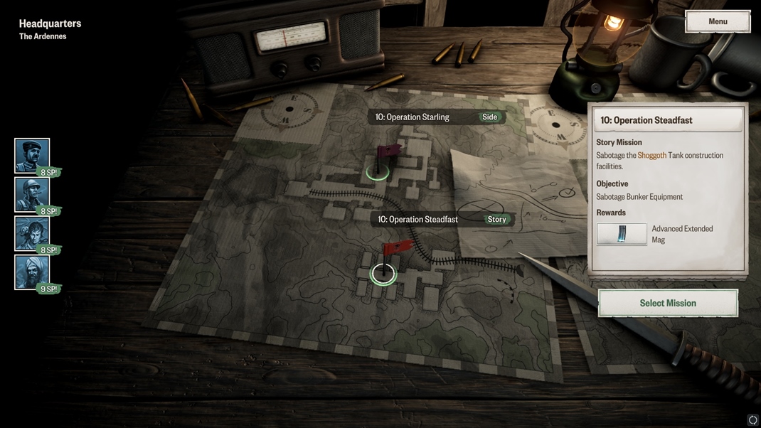Achtung! Cthulhu Tactics Na mape je vdy aktulna hlavn misia a jedna vedajia. Psob to vemi skromne ako takmer vetko v hre.