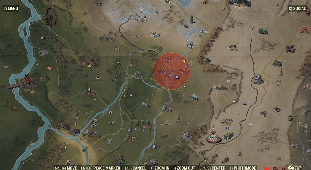 Fallout 76 Červený kruh na mape označuje miesto dopadu nukleárnej bomby. Je to zážitok, ale nemali by ste byť v dosahu.