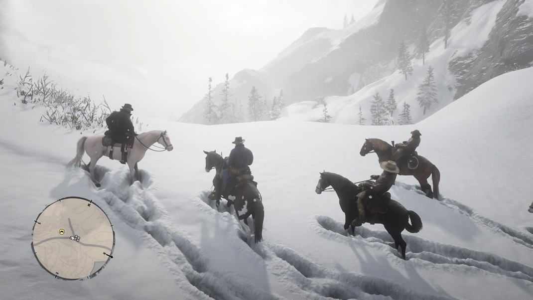 Red Dead Redemption 2 Dobrodružstvo sa začína v zime. Samozrejmosťou sú stopy, ktoré zostávajú v snehu.