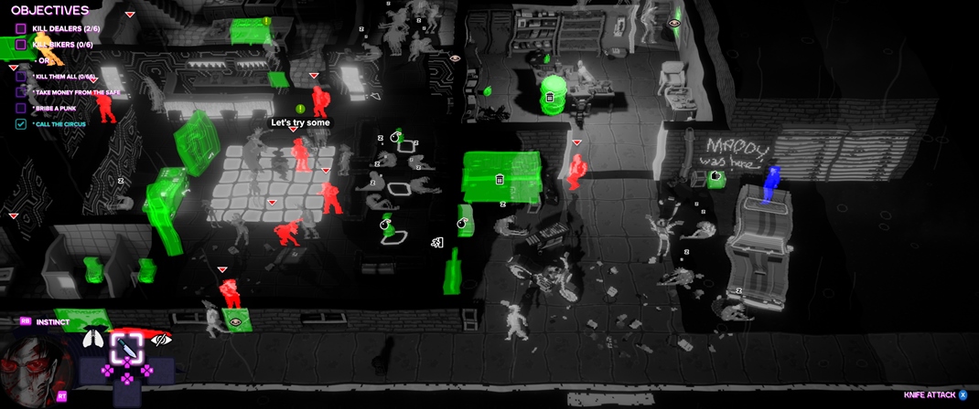 Party Hard 2 V špeciálnom režime vidíte zvýraznené interaktívne objekty a hlavné ciele.