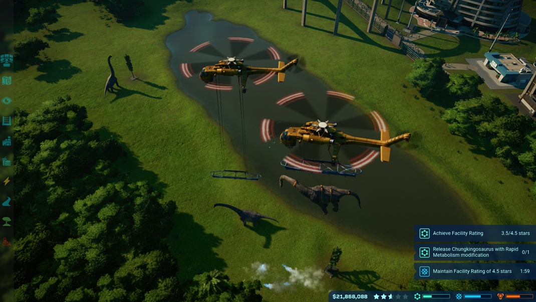 Jurassic World Evolution Preprava zvierat vrtuľníkmi je v hre využívaná veľmi často.