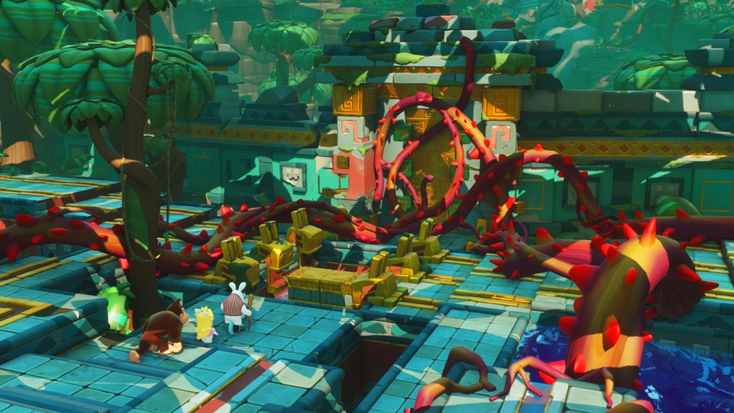 Mario + Rabbids Kingdom Battle: Donkey Kong... Toto priestorov puzzle chce, aby ste otvorili brnu, znekodnili bodliaky a odviedli vodu inam.