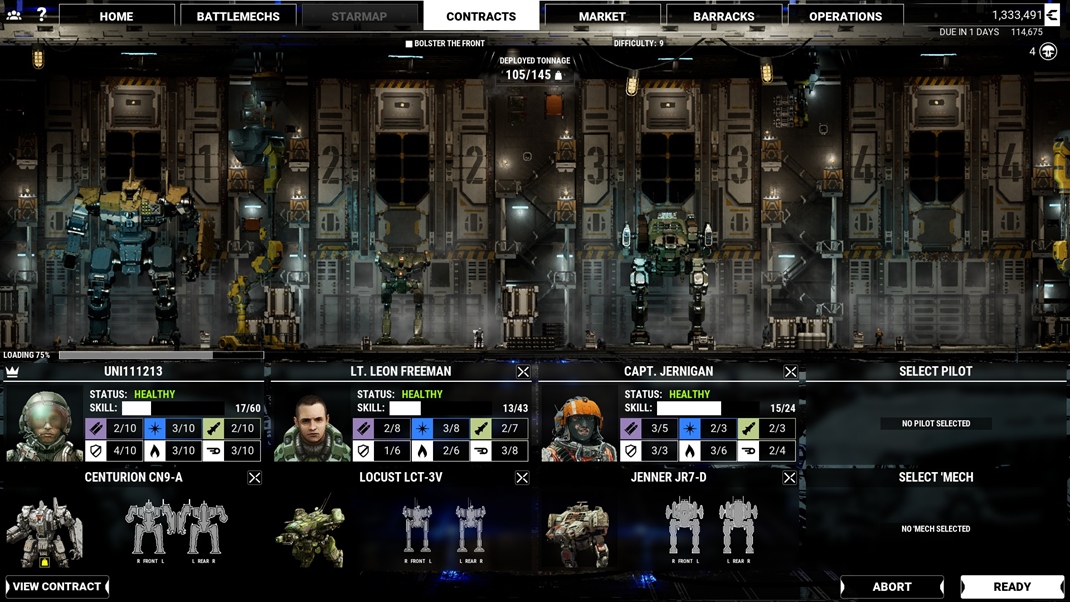 MechWarrior 5: Mercenaries Pred bojom si vyberiete stroje a pilotov, zatiaľ sa nahrajú dáta.