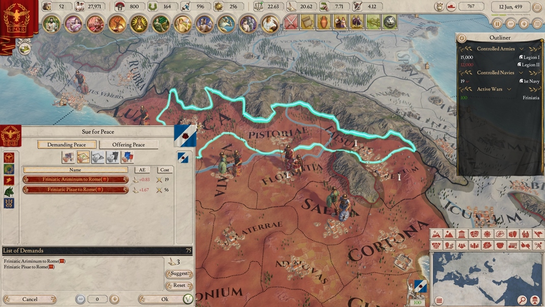 Imperator: Rome Po vyhranej vojne si vyiadate  dobyt zemia.