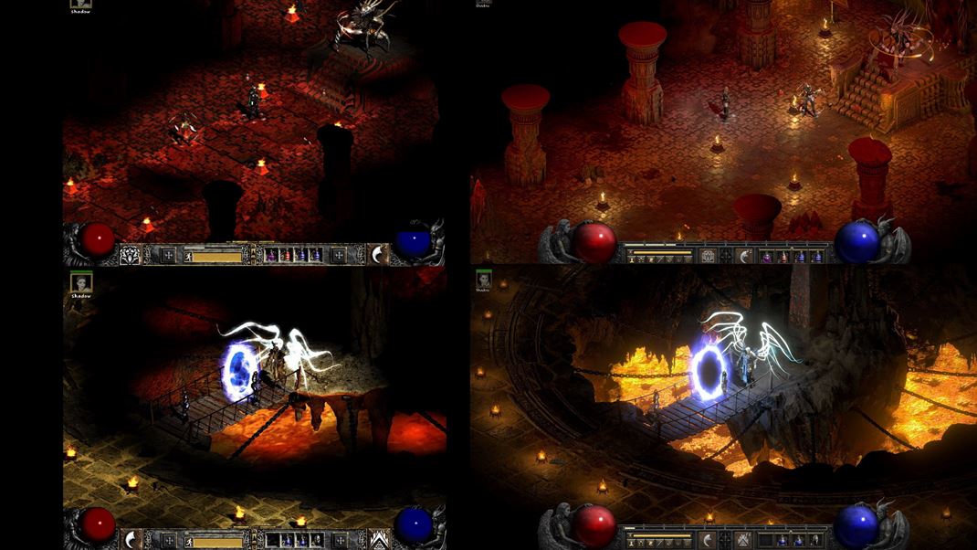 Diablo II: Resurrected Porovnanie dvoch scén z originálu (režim Legacy) a remasteru Resurrected. Rozdiel je zreteľný.