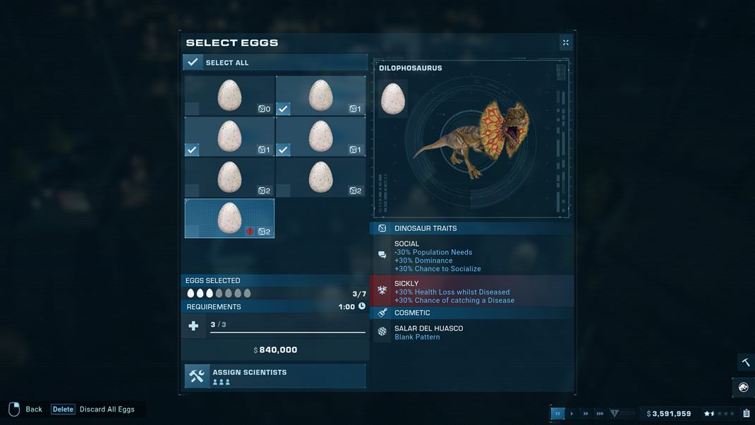 Jurassic World Evolution 2 Pred inkubáciou si vyberáte vhodné vajcia. Vyliahnuté jedince môžu mať bonusy a postihy.