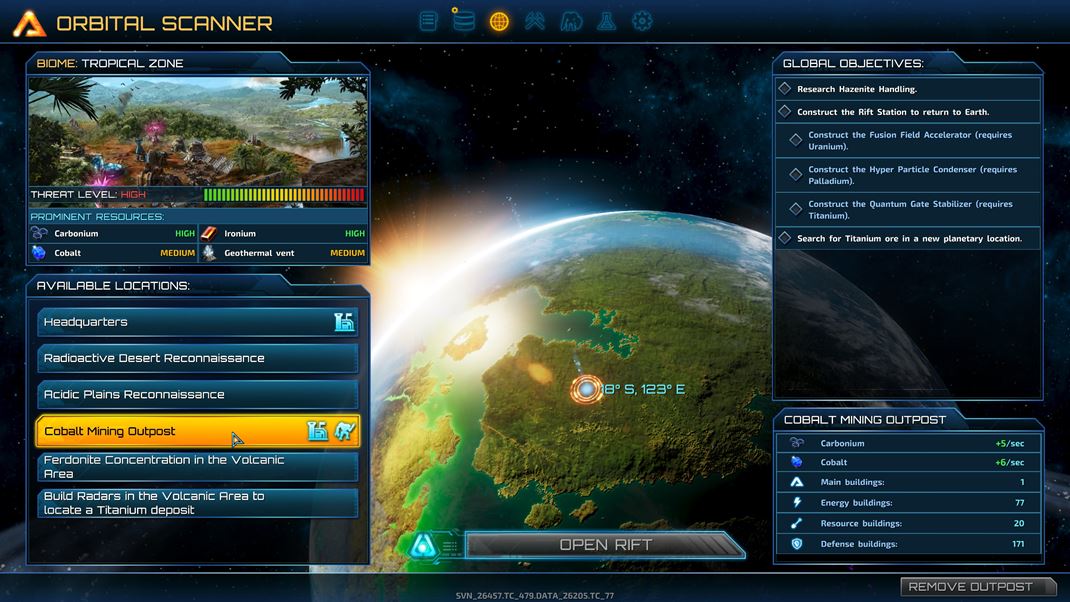 The Riftbreaker Orbitálny skener vám umožný presuny do rôznych sektorov  planéty.