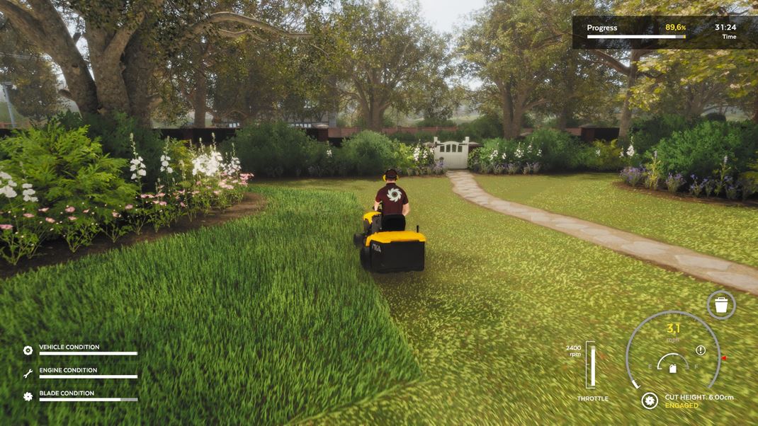 Lawn Mowing Simulator Napriek monotónnej hrateľnosti je hranie príjemne relaxačné.