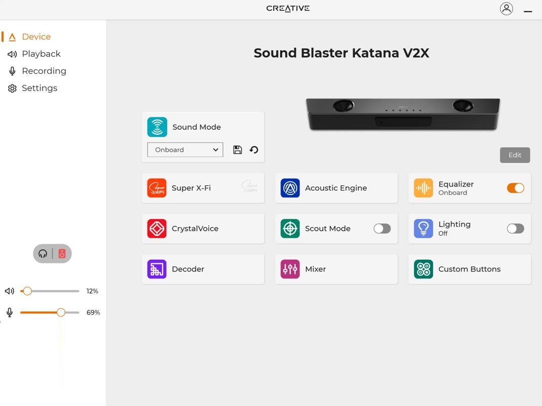 SoundBlaster Katana V2X Aplikácia ponúkne bohaté možnosti nastavenia.