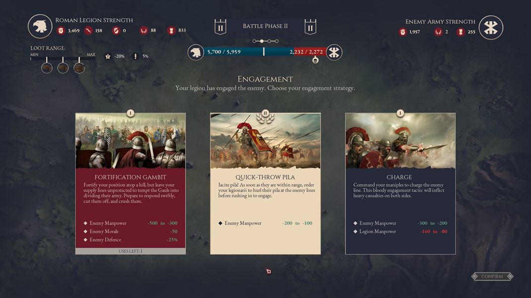 Expeditions: Rome Veľkoplošné bitky koordinujete používaním strategických kariet.