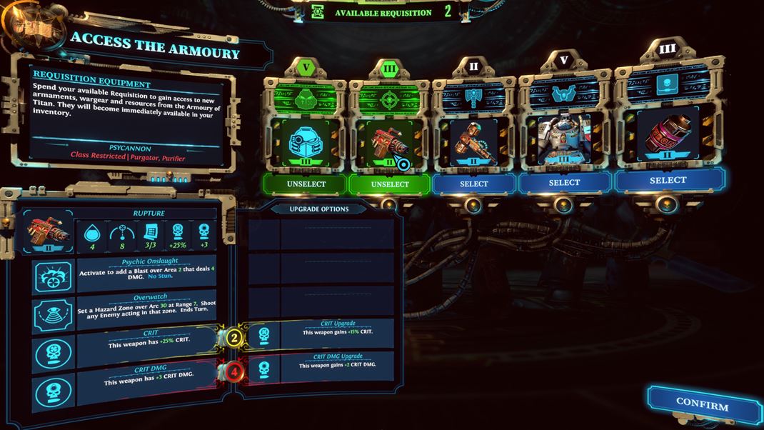 Warhammer 40,000: Chaos Gate - Daemonhunters Po úspešnej misii sú na výber odmeny. Pokročilá výbava sa dá aj vylepšovať.