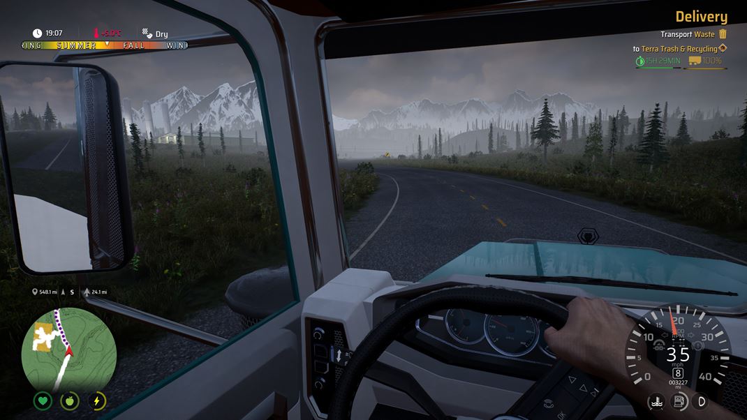 Alaskan Road Truckers Pohad z kabny vm ponkne virutlnu palubn dosku. A bugy, vi. sptn zrkadlo.