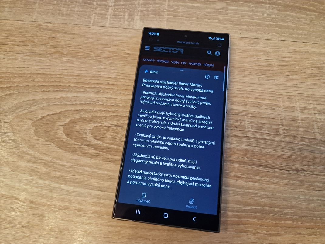 Samsung Galaxy S24 Ultra AI vm vie spravi meniu alebo viu sumarizciu textu.