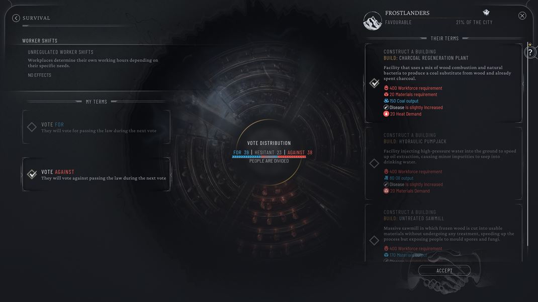 Frostpunk 2 Rozhodova o novch zkonoch a  vyhlkach budete prakticky neustle. Frakcie si naklonte submi.