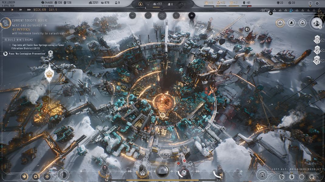 Frostpunk 2 Osdlenie sa rozrast v kruhu okolo ivotodarnho genertora.