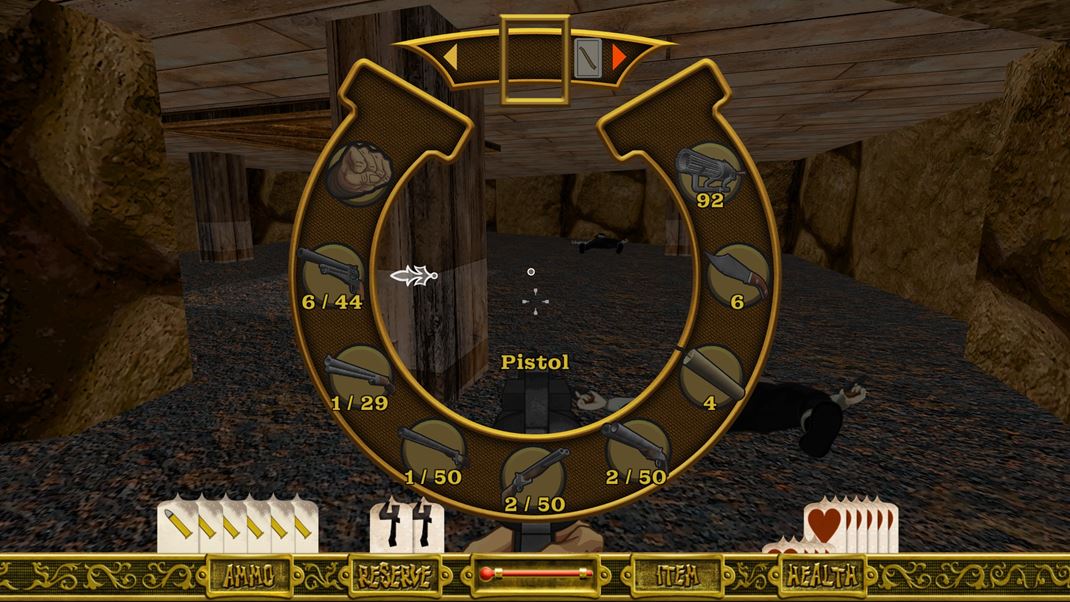 Outlaws + Handful of Missions: Remaster Sortiment zbran zodpoved historickmu obdobiu, je slun a otvorte si ho v kruhovom (podkovikovom) menu.