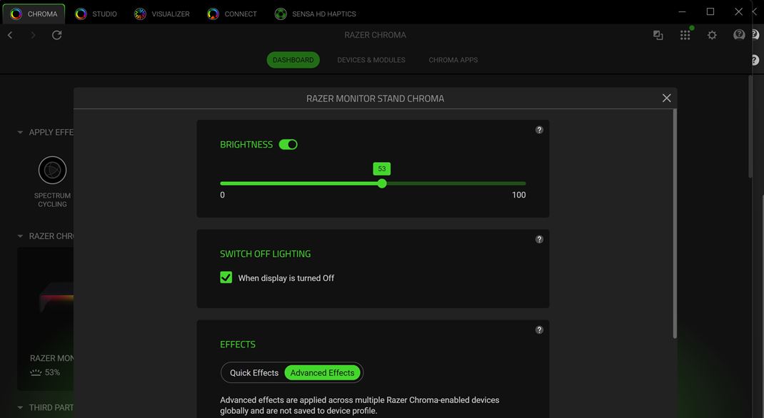Razer Monitor Stand Chroma Viete upravit niekoko nastaven okolo podsvietenia, nastavte aj funkciu tlaidla.