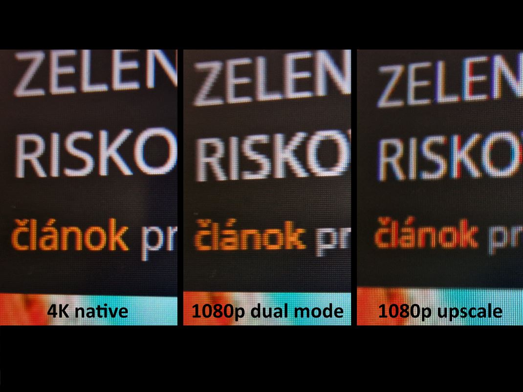 AOC U27G4R - monitor s dual mode porovnanie ostrosti zobrazenia v 4K a 1080p hardvrovom reime a v benom upscalovanom 1080p
