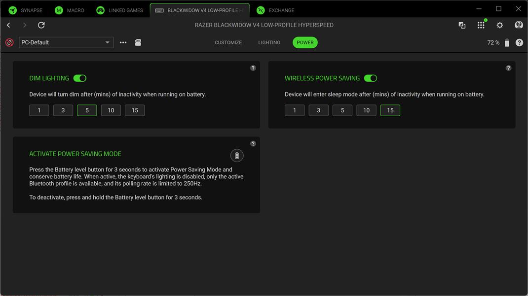 Razer BlackWidow V4 Low-profile Hyperspeed Pre wirelss je dleit nastavi vypnanie, a hlavne niiu intenzitu podsvietenia.
