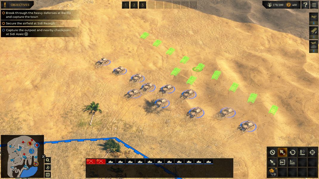 Sudden Strike 5 Jednoduch�m �konom zmen�te form�cie jednotiek a na p��ti si v�imnete stopy, ktor� tanky zanech�vaj� v piesku.