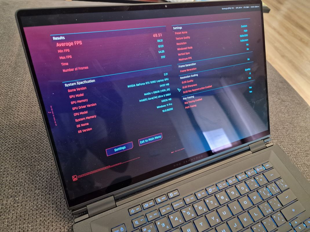 ROG Zephyrus Duo (GX651)  Cyberpunk notebook zvl�dol aj s pathtracingom.