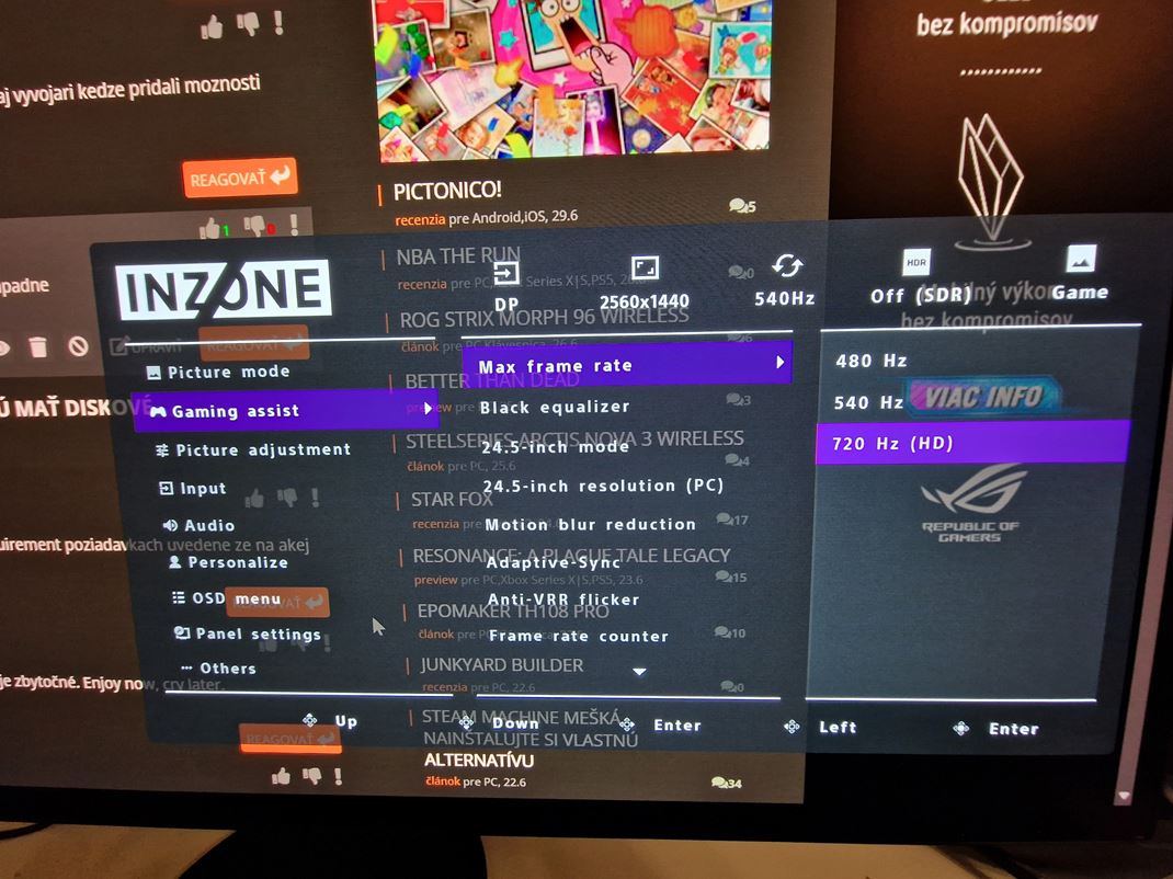 Sony OLED Inzone M10S II monitor Re�im si nastav�te v menu.