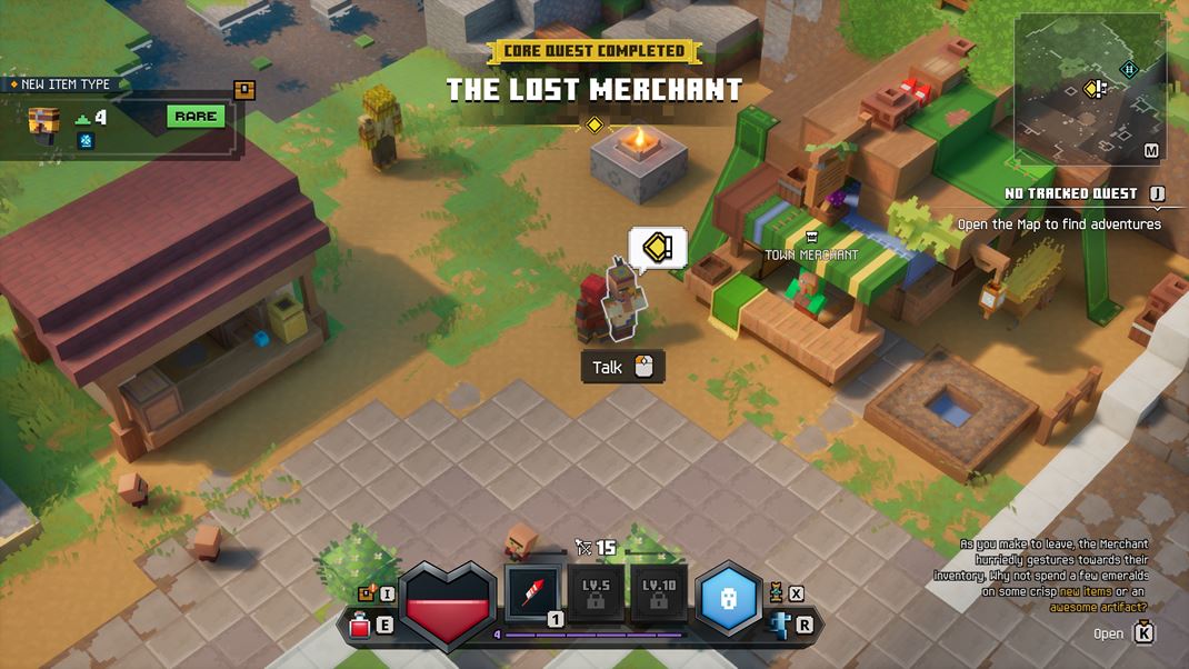 Minecraft Dungeons II V meste�ku si nak�pite a aj vylep��te zbrane a vybavenie.